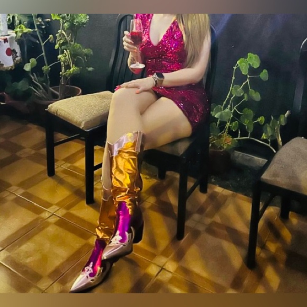 Multi Colored Metallic Chunky Block Heel Cowgirl Boots - Picture 5 of 9